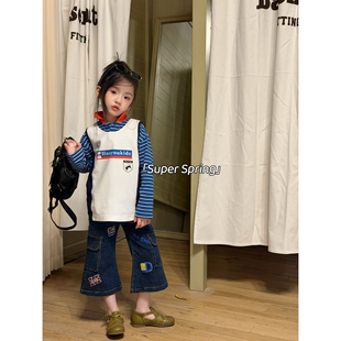 休闲撞色polo领条纹T恤上衣卡通背心ins穿搭潮 韩版 女童26春季 新款