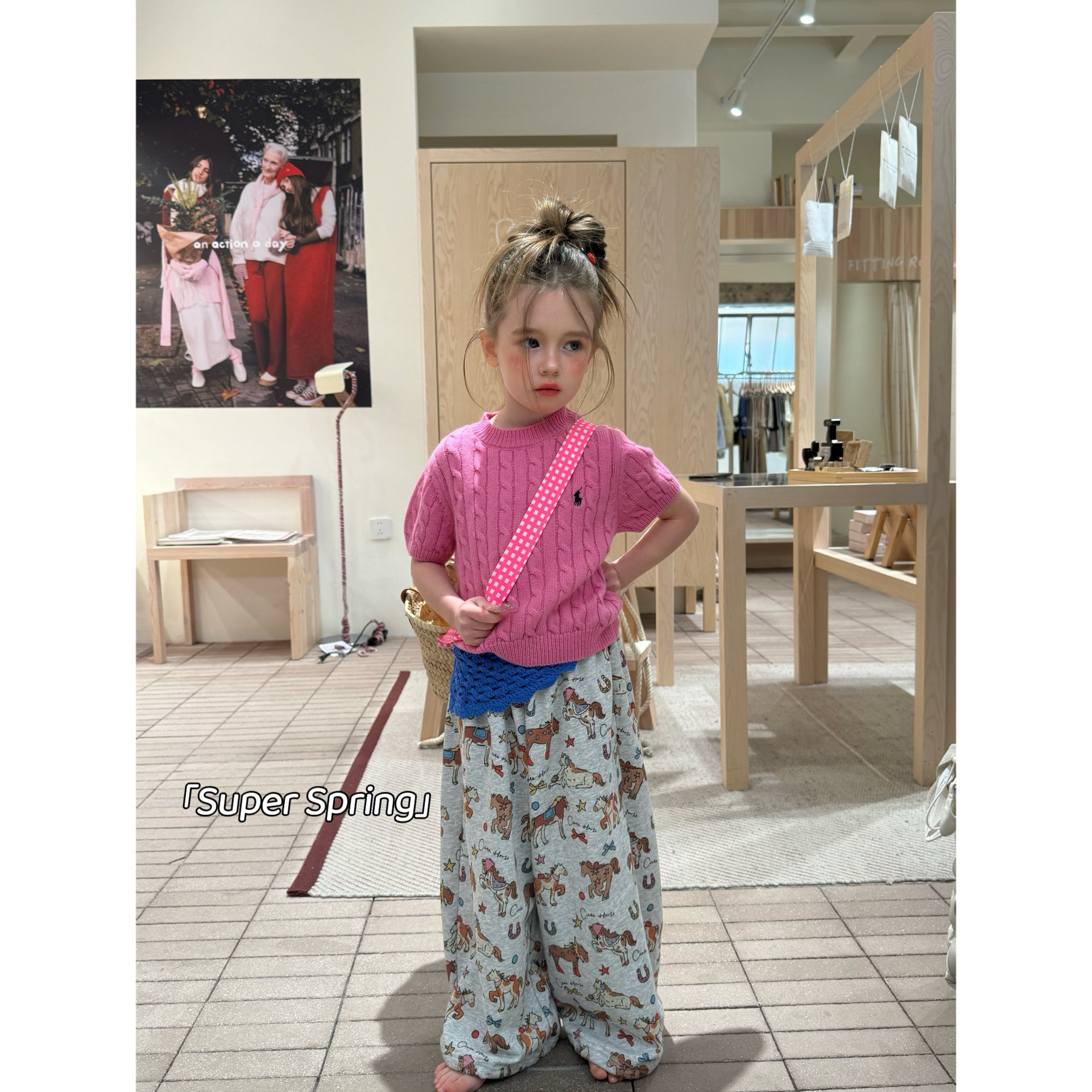 女童26春季新款韩版刺绣麻花纹针织短袖上衣满印卡通休闲裤两件套