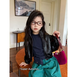 hy洋气哑光皮衣外套短款 韩版 机车夹克上衣休闲两件套 新款 女童秋季