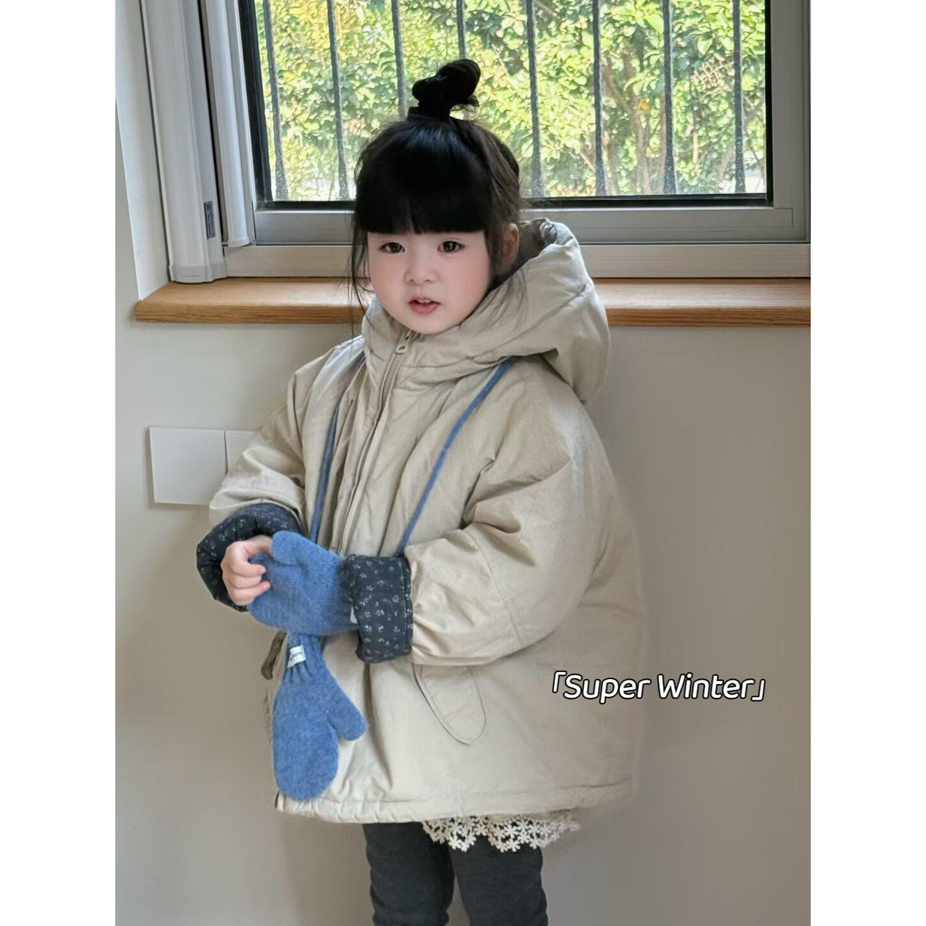 女童冬季新款韩版森系连帽夹棉上衣碎花袖加厚棉服中小童网红爆款