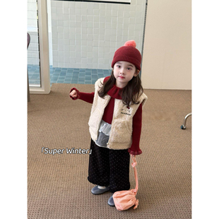女童冬季新款韩版卡通羊羔毛马甲外套色森系针织毛衣内搭打底套装