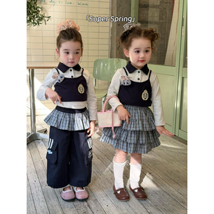 女童26春季新款韩版卡通刺绣polo领上衣假两件纯棉T恤网红ins套装