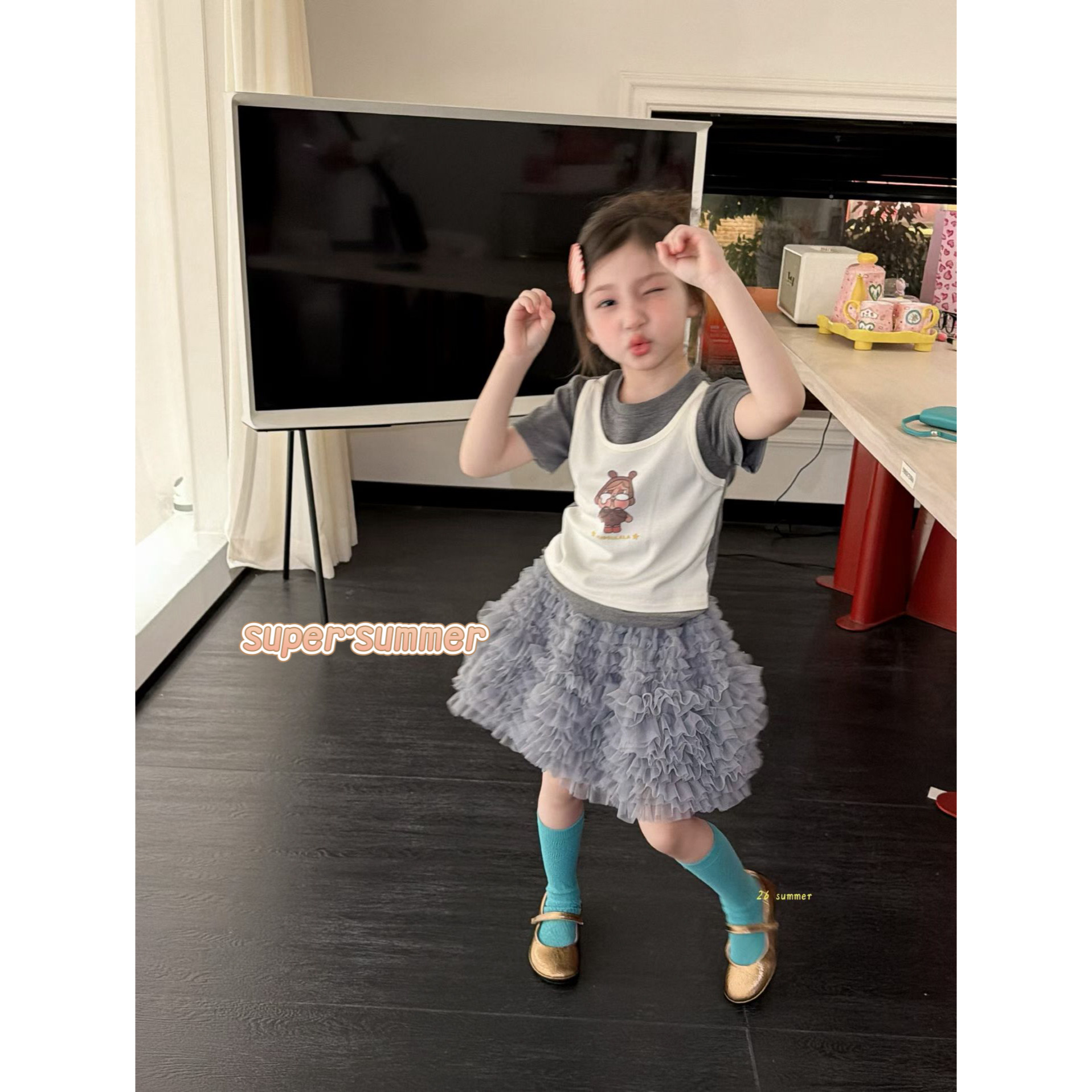 女童26夏季新款韩版可爱卡通套头短袖T恤撞色假两件休闲t半裙套装