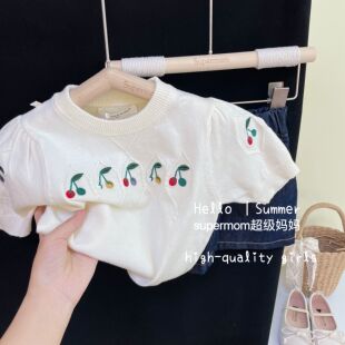S uper家2023夏季新款女童韩版樱桃刺绣T恤上衣休闲百搭t牛仔短裤