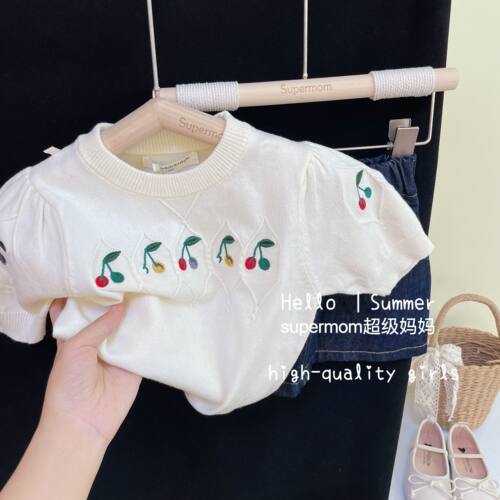 女童韩版樱桃刺绣T恤上衣