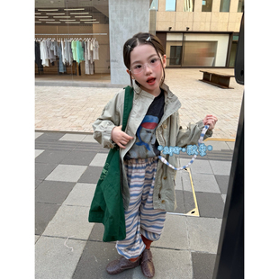 女童26秋季新款韩版时尚中长款风衣夹克外套卡通内搭百搭套装网红