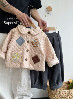 S uper家2024深秋新款女童韩版休闲夹棉棉服上衣薄棉长袖外套洋气