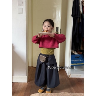 女童秋季新款韩版hy纯色短款针织长袖毛衣百搭打底内搭阔腿长裤子