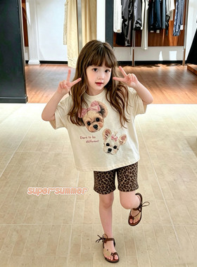 女童26夏季韩版蝴蝶结狗狗T恤