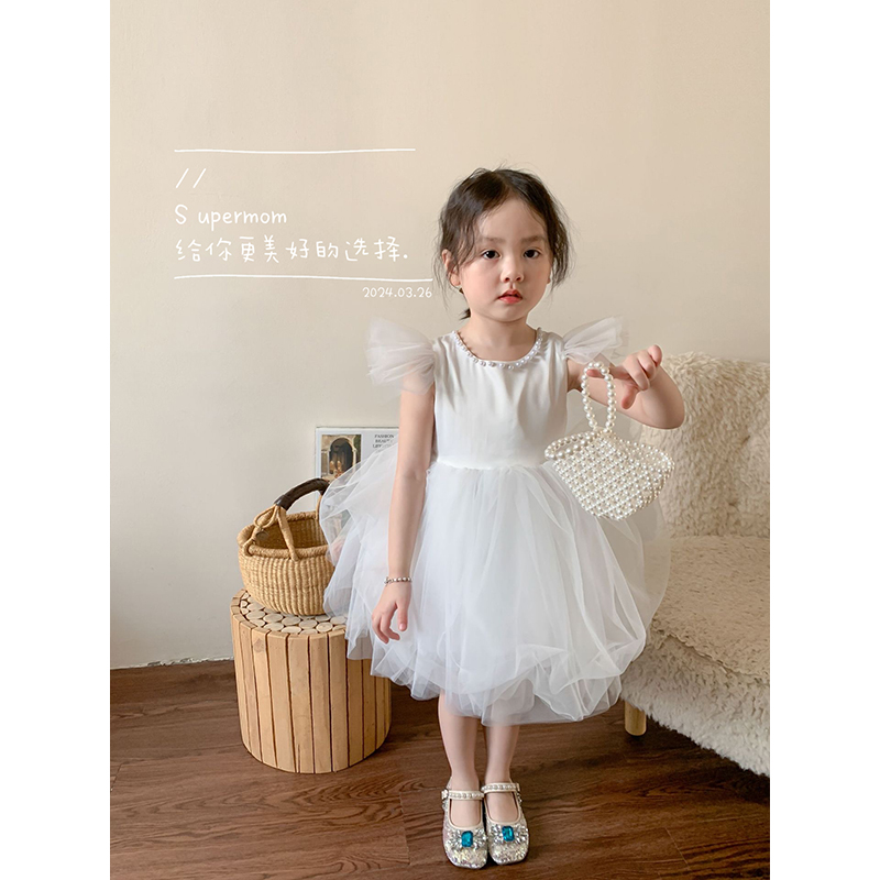 女童韩版洋气飞袖连衣裙珍珠领