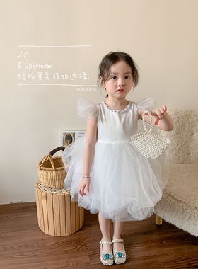 S uper家2024夏季新款女童韩版洋气飞袖连衣裙珍珠领网纱公主裙子