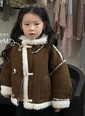 S uper家2024冬季新款女童韩版洋气麂皮绒休闲外套皮毛一体加厚潮