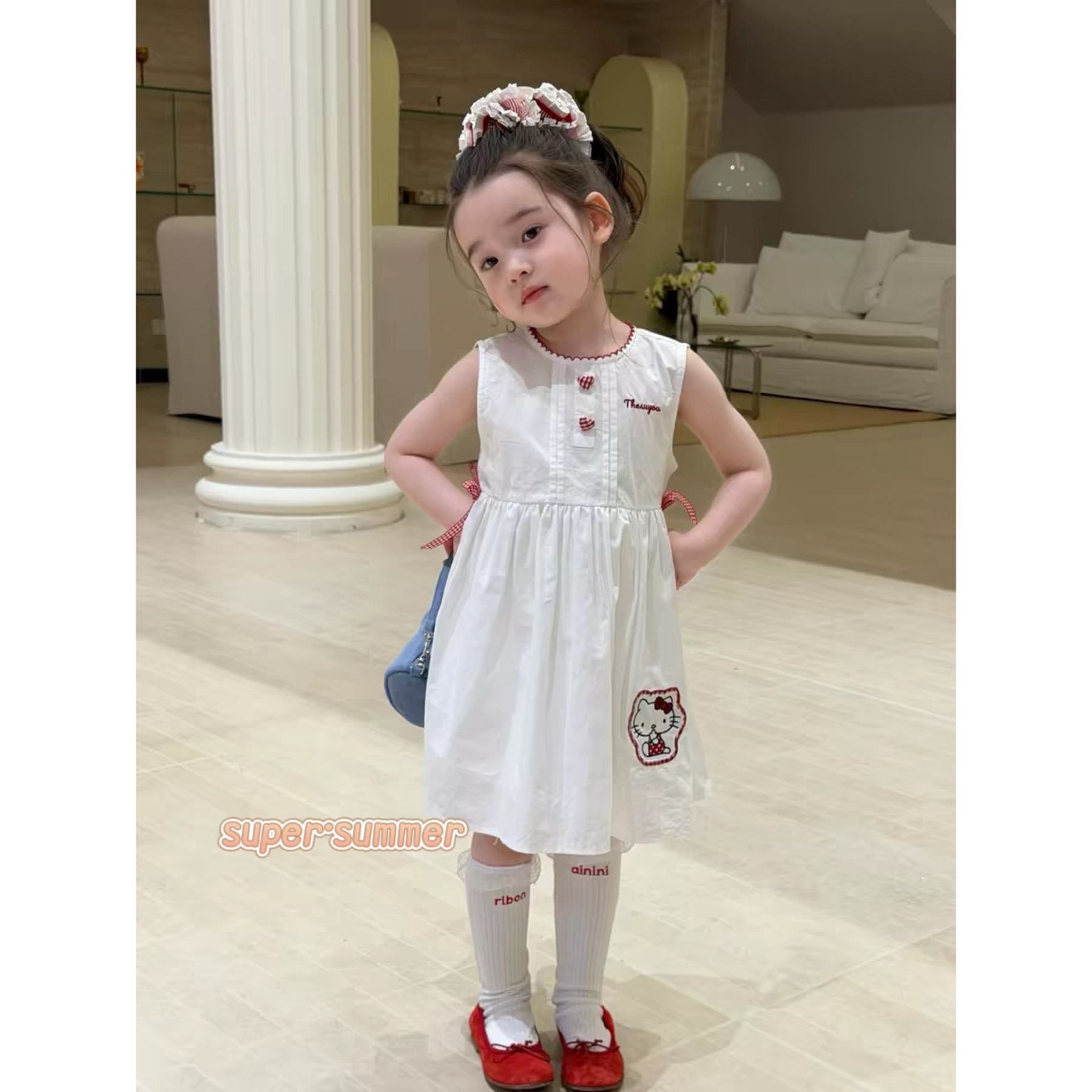 女童26夏季新款韩版字母刺绣背心裙上衣宽松公主蝴蝶结连衣裙洋气