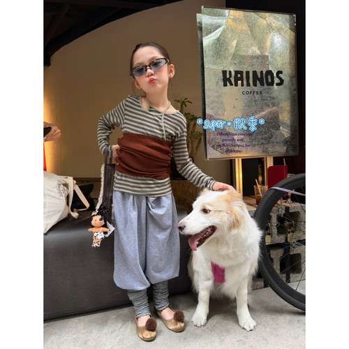女童26秋季韩版条纹挂脖上衣套装