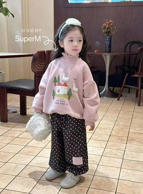 S uper家2024冬季新款女童韩版卡通鸭子加绒卫衣加厚长袖打底上衣