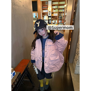 女童26冬季新款韩版翻领工装中长款外套加棉韩系百搭外套宝宝大衣