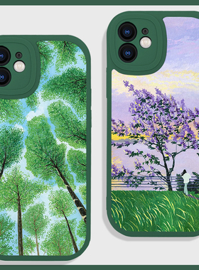 绿色森林文艺花海适用苹果17手机壳16promax小米15华为nova14硅胶mate70小羊皮p80荣耀400防摔vivo一加oppo潮