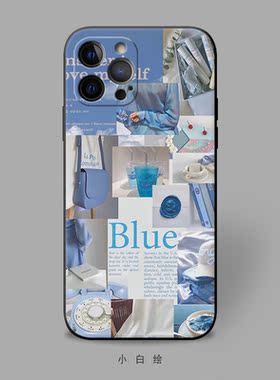 适用iphone11mini/xr/678pluse苹果12promax手机壳ins蓝色拼插画