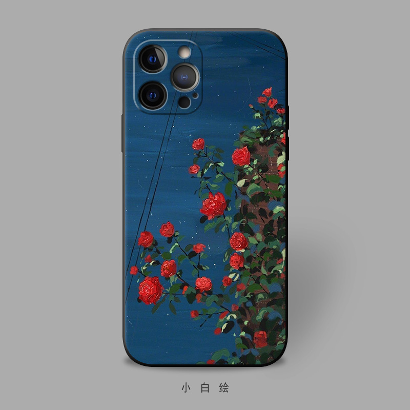 适用苹果12mini/xr/678pluse/11promax手机壳红玫瑰插画复古全包
