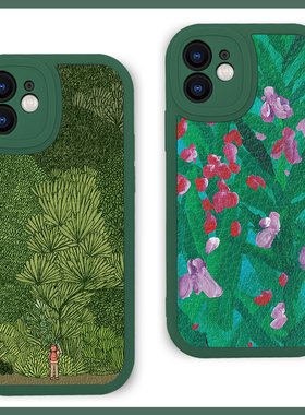 绿色清新植物园花丛适用苹果15promax手机壳13小米14华为pura70硅胶mate60小羊皮荣耀100防摔vivoS18全包oppo