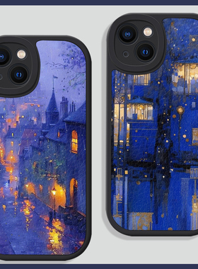 欧美复古雨夜晚宴蓝色适用苹果15promax手机壳13小米14华为pura70硅胶mate60小羊皮荣耀vivoS18全包oppo一加