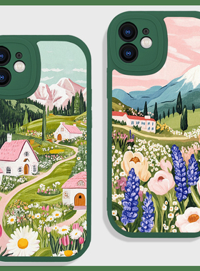 田园风绿色艺术油画适用苹果16e手机壳15promax小米14华为nova13硅胶mate60羊皮p70荣耀200防摔vivo一加oppo