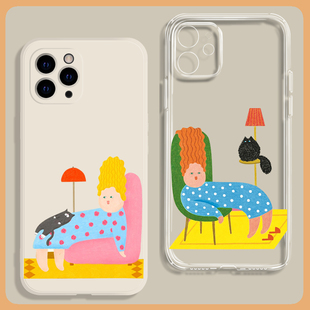 慵懒颓废少女趣味插画适用苹果16e手机壳15promax小米14华为nova13硅胶p70全包mate60透明oppo荣耀200软vivo