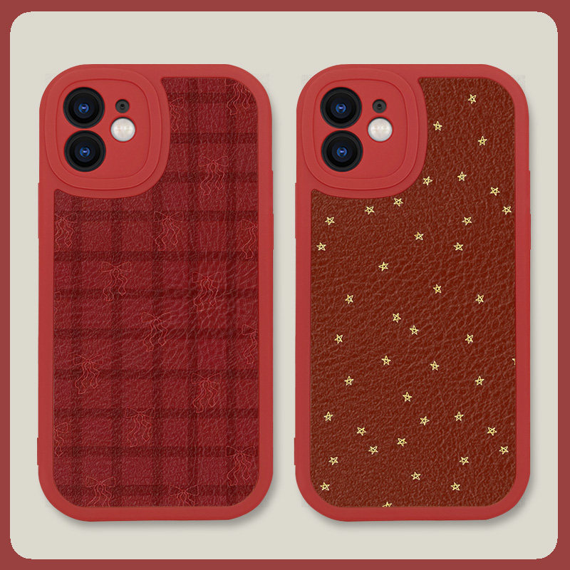 星星蝴蝶结格纹红色艺术高级感适用苹果17手机壳16promax小米15华为nova14硅胶mate80小羊皮P70软oppo潮vivo