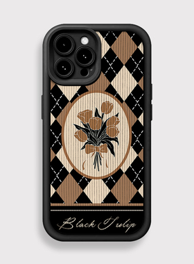 黑色郁金香原创ins风菱格子iphone15手机壳适用苹果14小米13华为nova12全包mate60荣耀100网红vivo一加oppo潮