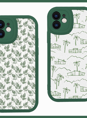 绿色文艺清新复古适用苹果15promax手机壳13小米14华为pura70硅胶mate60小羊皮防摔vivoS18全包oppo一加11潮