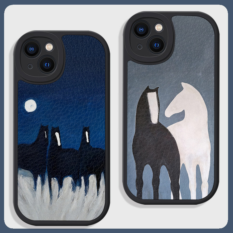月夜黑白骏马小众艺术高级感适用苹果17air手机壳16promax小米15华为nova14硅胶mate70小羊皮p80防摔vivooppo