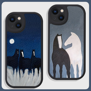 月夜黑白骏马小众艺术高级感适用苹果17air手机壳16promax小米15华为nova14硅胶mate70小羊皮p80防摔vivooppo
