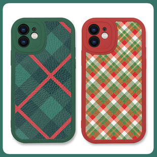 圣诞红绿格子复古适用苹果15promax手机壳14全包13小米12华为mate60硅胶P50小羊皮oppo荣耀90防摔vivo红米潮