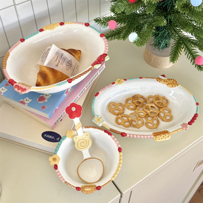 彩色珠点高颜值小猫家用陶瓷餐具