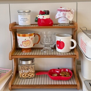 中古风藤编ins风双层桌面置物架宿舍房间办公厨房杯子收纳整理架