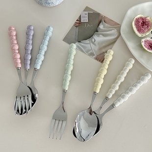 韩风ins奶油质感珍珠陶瓷手柄高颜值不锈钢汤匙甜品吃饭叉勺餐具