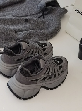 欧洲站冬款加厚加绒韩系复古真皮圆头女老爹鞋运动鞋女3988