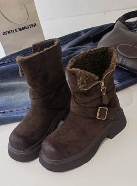欧洲站真皮加绒短靴粗跟翻毛马丁靴短筒女靴复古做旧大头靴4333C