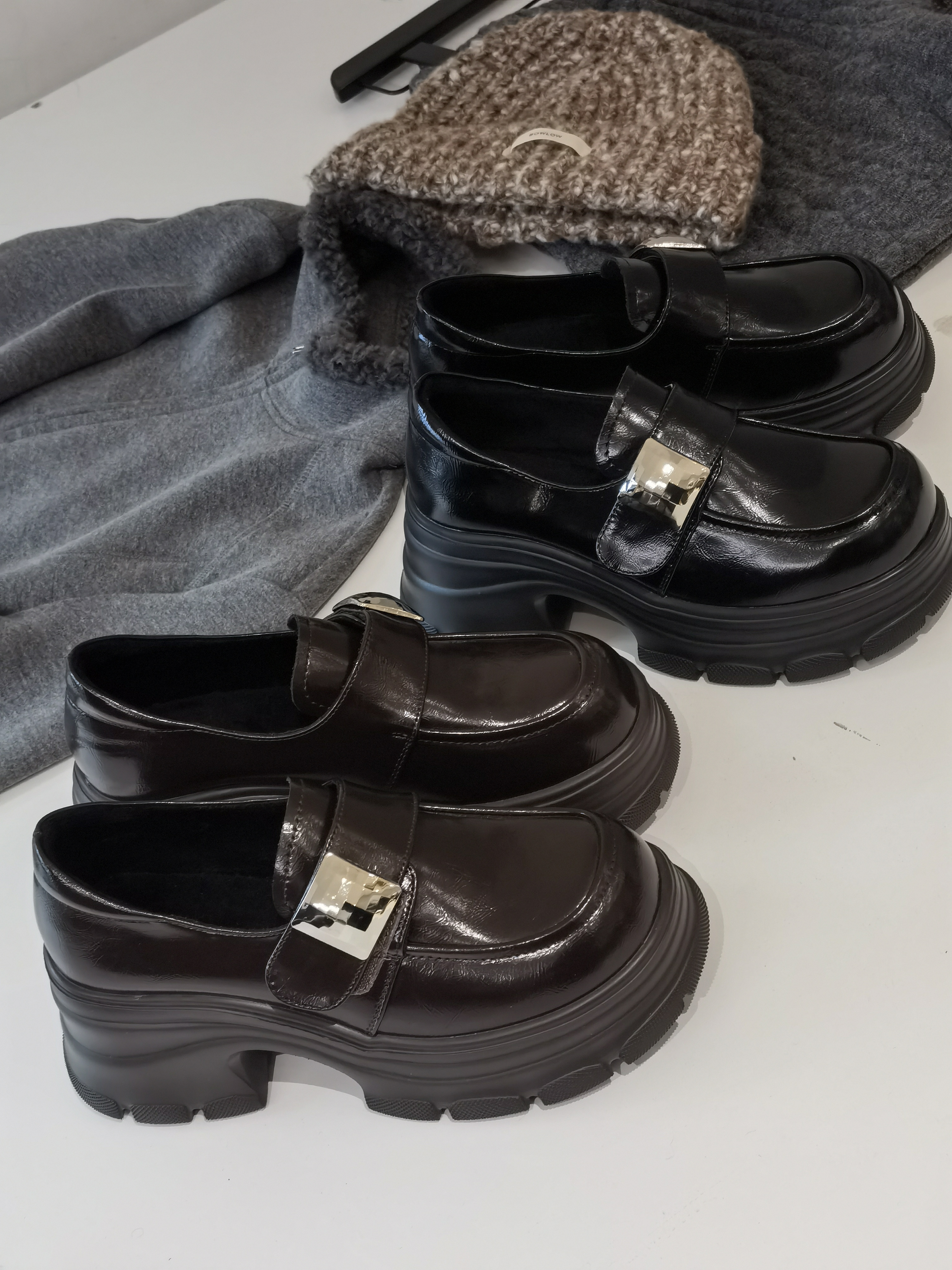 米诗思小个子增高7cm厚底加绒乐福鞋女冬款粗跟小皮鞋高跟单鞋子