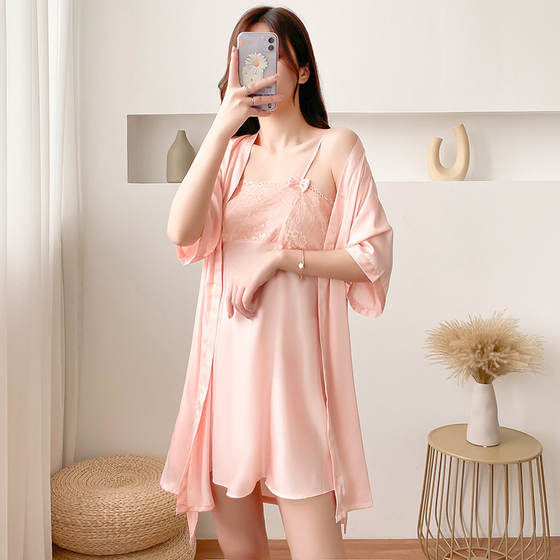 性感睡衣女夏季2022年冰丝春秋蕾丝一字领短袖抹胸吊带睡裙两件套