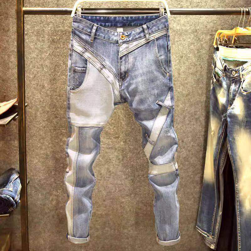 秋冬款时尚百搭牛仔裤男潮牌欧美修身小脚弹力长裤子潮男拼接破洞,男装,牛仔裤,淘宝优惠券,粉丝福利购,淘宝优惠卷