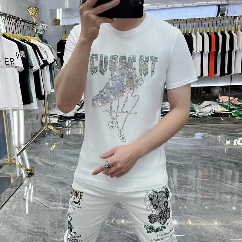 欧洲站2025夏季烫钻男士短袖t恤