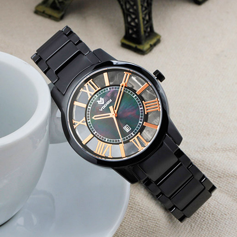 陶瓷手表女黑色镂空透底个性日历防水时尚潮流时装商务大盘石英表