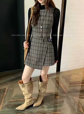 US欧洲站羊毛格子无袖背心裙女2025秋季设计感腰带连衣裙短裙子