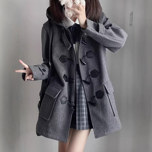 川岛私立学院牛角扣大衣秋冬黑色女中长款毛呢大衣连帽加厚款外套