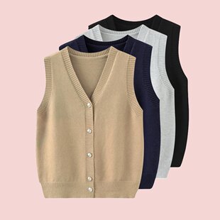 川岛私立学院原创纯色无袖马甲针织衫毛衣开衫宽松新品学院风秋季