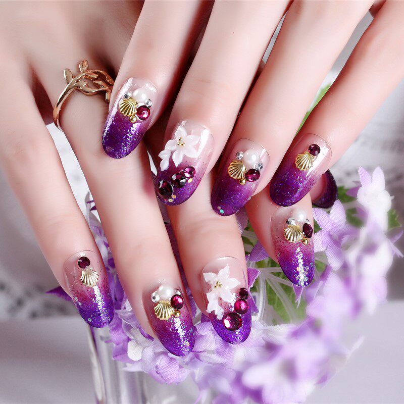 紫色圆头雕花假指甲 新娘穿戴可拆卸背胶款 孕妇可用 美甲贴片185