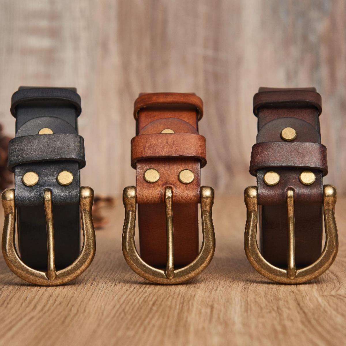 头层牛皮加厚马蹄扣头手工时尚休闲腰带黄铜扣头简约男士百搭腰带