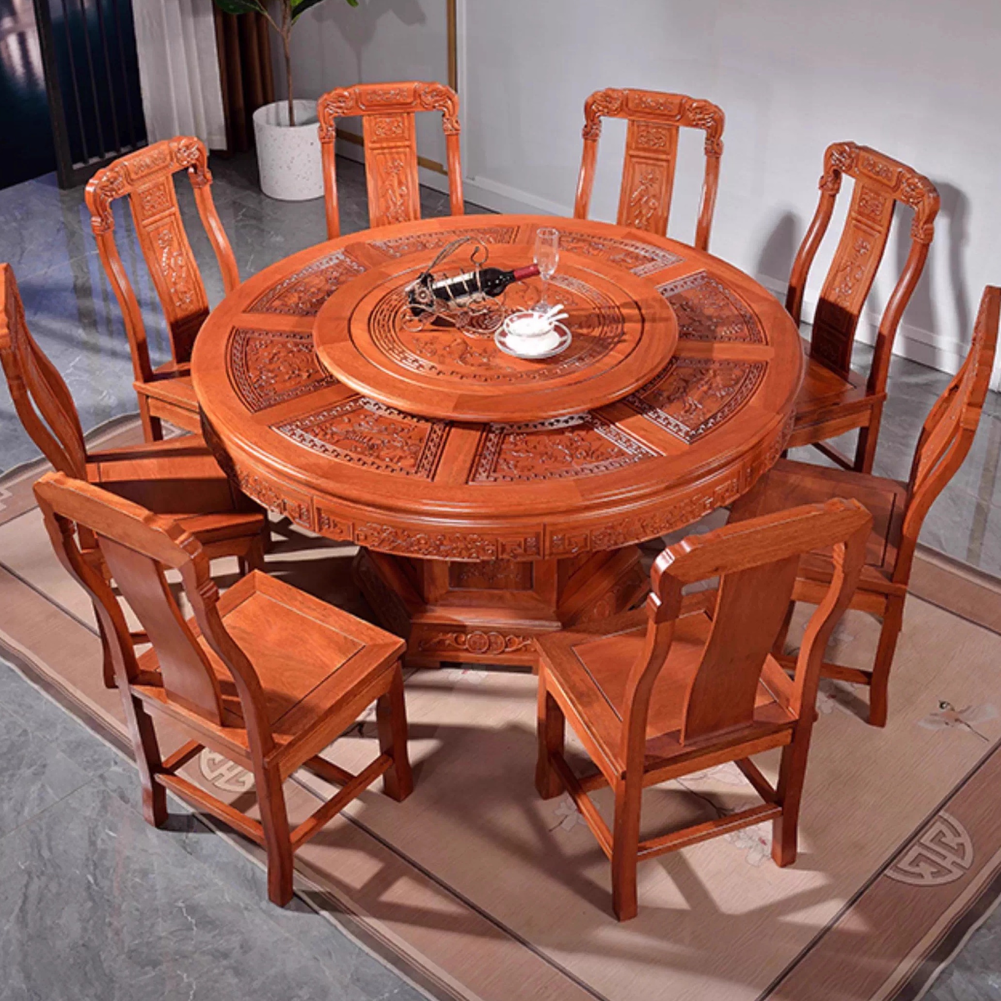 花梨木实木餐桌组合中式仿古雕花饭桌客厅家用大圆桌榫卯木质餐桌