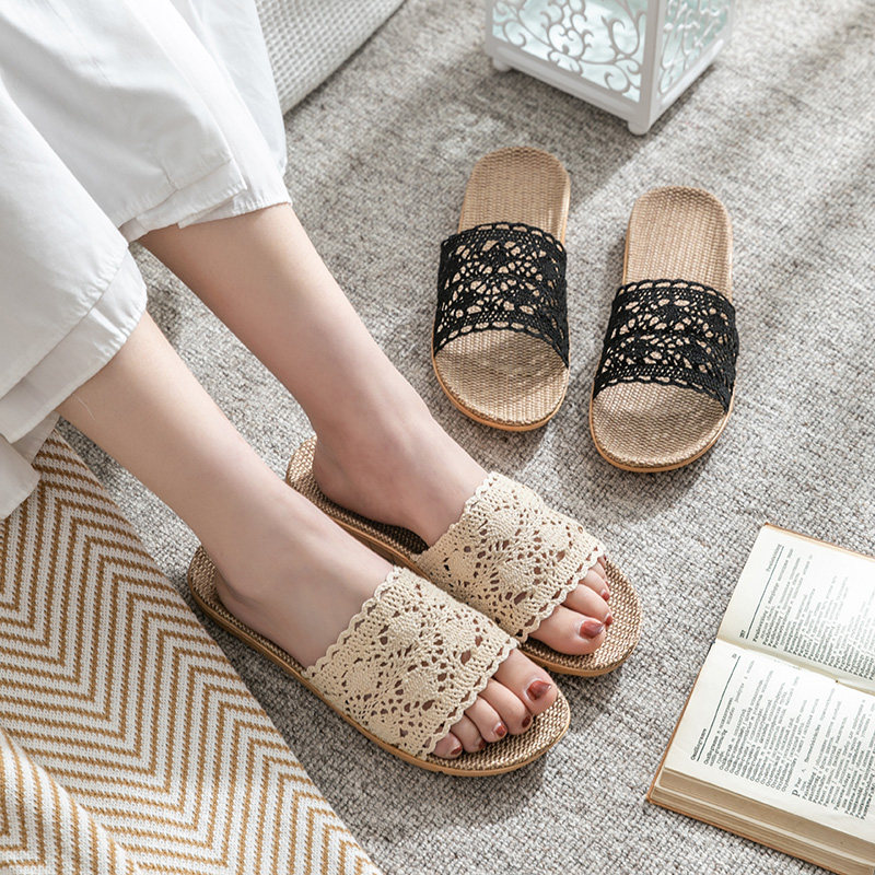 蕾丝家居拖鞋亚麻四季夏女棉黑色手工室内家用地板小香风凉拖托鞋,居家布艺,居家亚麻拖鞋,淘宝优惠券,粉丝福利购,淘宝优惠卷